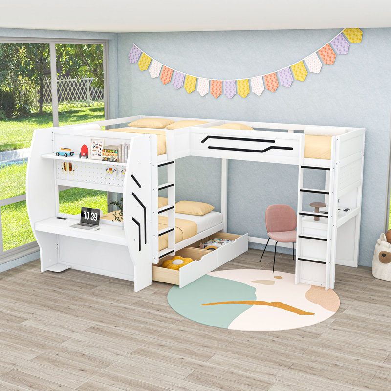 Lits superposés en L double au-dessus de double et double avec bureau intégré et tiroirs, White