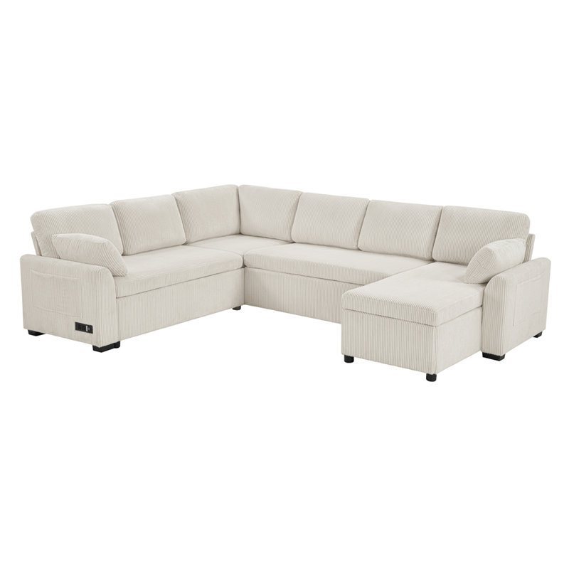 Canapé-lit modulaire convertible en U de 111 po, Velours côtelé beige