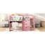 Lit mezzanine bas rose pleine grandeur avec bureau intégré, bibliothèque ouverte, armoires de rangement, caractéristiques et solution d'économie d'espace pour la chambre à coucher en rose, construit sous le rangement, tableau blanc, marqueur sécuritaire-300147310