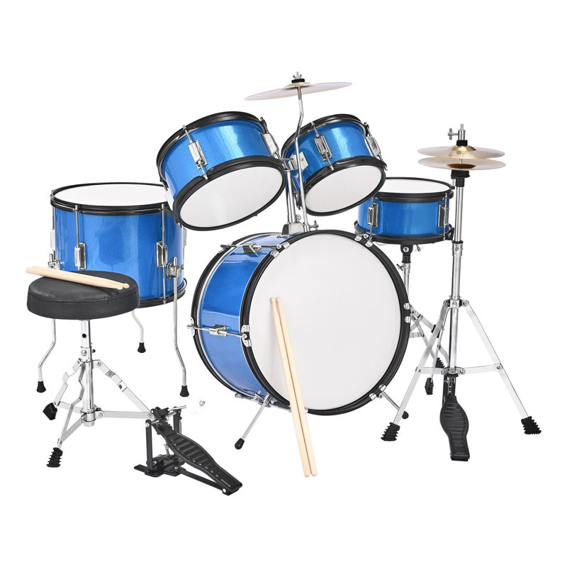 Batterie pour enfants de 5 pièces, ensemble junior de 16 pouces avec siège réglable, cymbale et baguettes, construction en bois de peuplier, pour les 6 à 13 ans, bleu