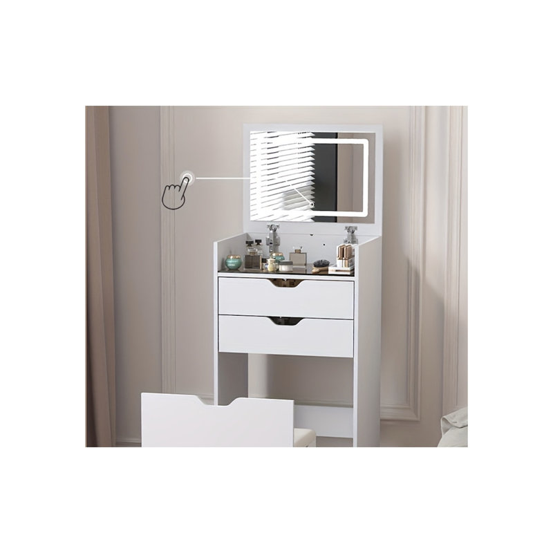 Coiffeuse 3-en-1 avec miroir rabattable et tabouret de rangement, Blanc