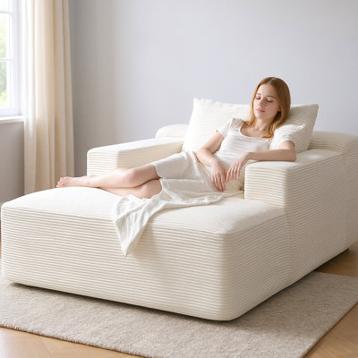 Chaise longue Boneless, canapé-lit convertible en velours côtelé beige, accoudoirs larges, coussins décoratifs, confort en mousse complète, appartements
