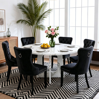 Round Dining Table Set , 47" Farmhouse Kitchen Table with Velvet Tufted Chairs, Modern Circle Kitchen Table with Wood Grain Finish, Dining Room Table Set for Small Space