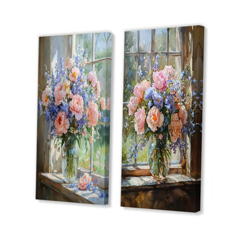 Bouquet de fleurs pastel d'été à la grange I - Décoration murale florale 2 panneaux, H 28 po x l 25 po, Toile tendue