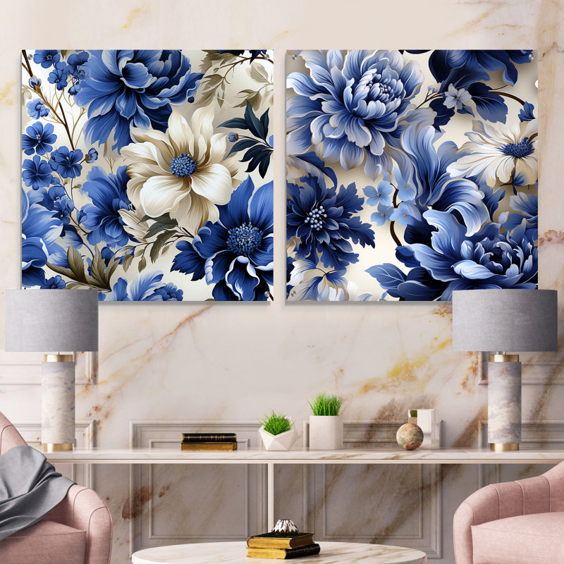 Cobalt Blue Brocade Victorian Pattern - Floral Acrylic Wall Art Glass Set Of 2, 36" H x 73" W