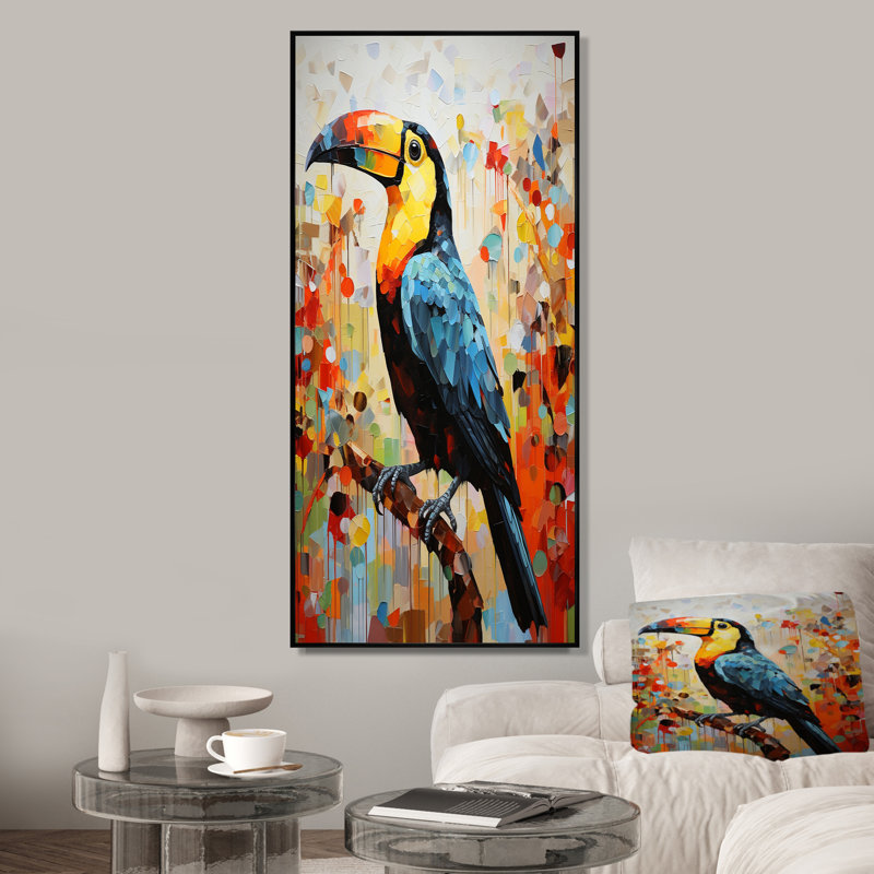 Jaune et bleu, jungle tropicale toucan, art animalier toucan, Cadre flottant noir, H 60 po x l 28 po