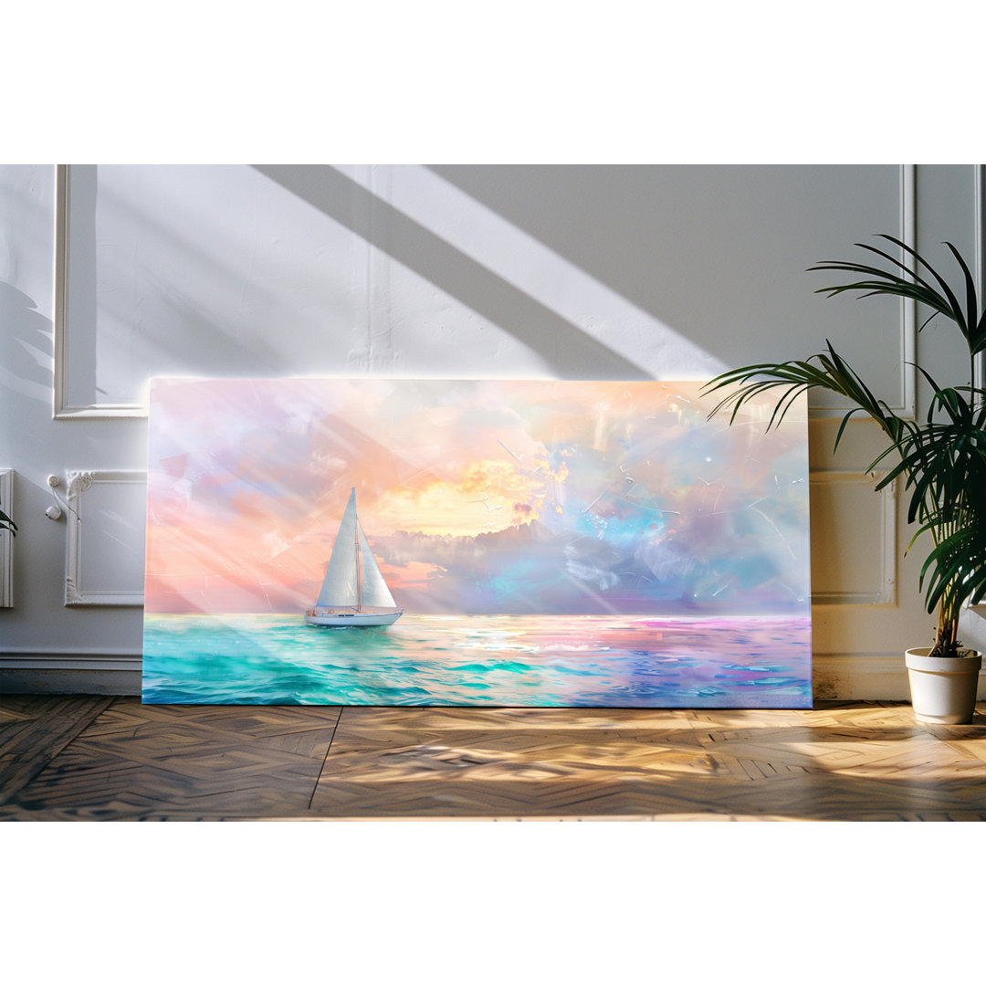 Leinwandbild gerahmt 120x60cm Meer Ozean Segelboot Segel Pastelltöne Kunstvoll