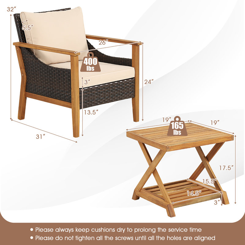 2 - Person Acacia Wood Patio Dining Set with Square Table , Cushions Included