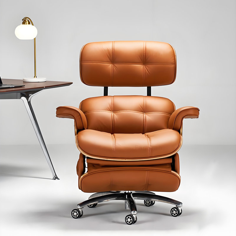 Fauteuil de bureau électrique en cuir véritable brun 44,88 pouces avec massage lombaire à deux moteurs