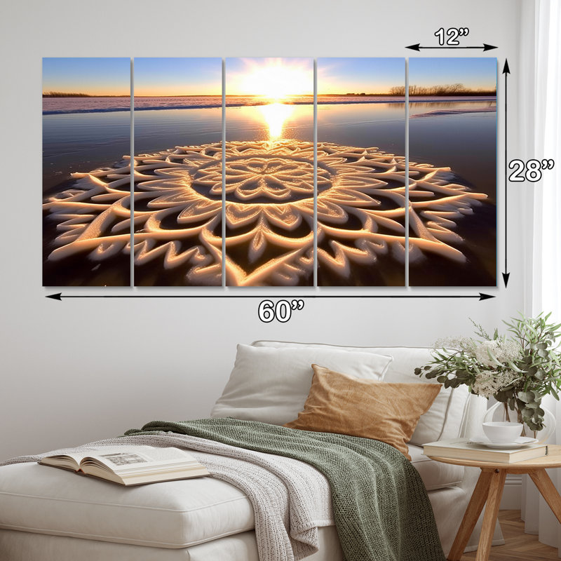 Mandala majestueux sur la plage au coucher du soleil II - reproduction d'art mural plage - 5 panneaux égaux