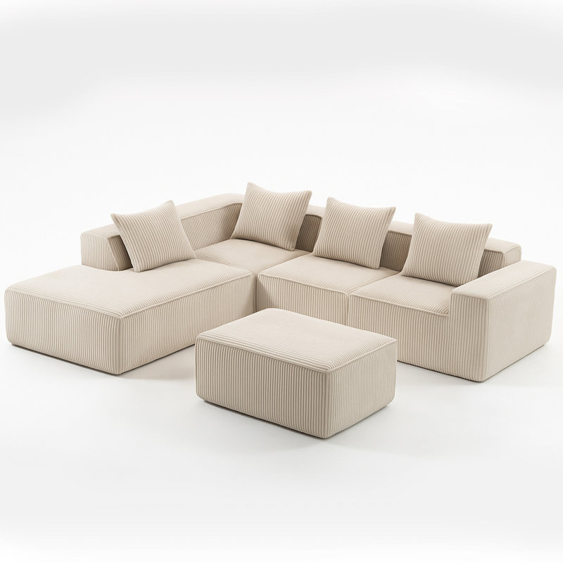 Compresseur modulaire à 5 places en velours côtelé, sans assemblage, siège moelleux, rembourrage en éponge haute densité, pour la vie principale avec velours côtelé beige, modulaire, pièce