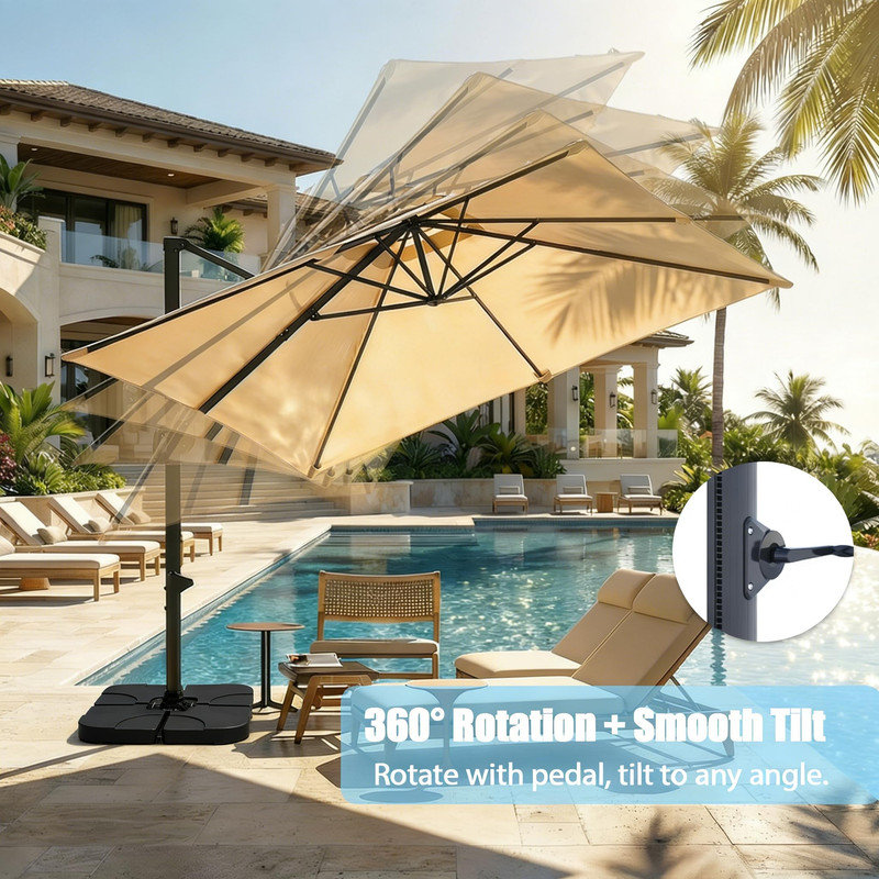 Parasol en porte-à-faux décalé 10 pi x 10 pi avec base, rotation à 360 ° pour la cour, la terrasse et la piscine, Beige