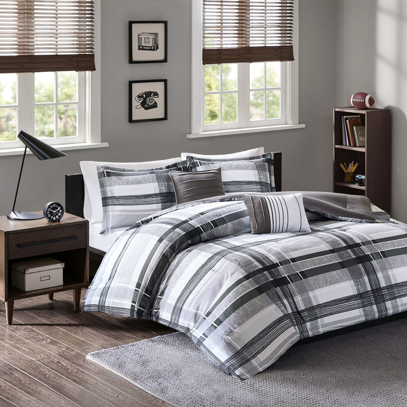 Édredon double / grand écossais - Literie moderne en édredon noir et gris foncé, taies décoratives, 2 coussins avec lit décoratif