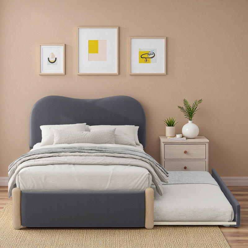 Lit plateforme tapissier avec lit gigogne, Gris, Lit simple
