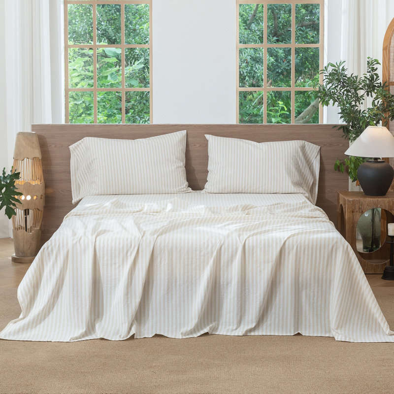 Moomee Striped Flat Sheet 100% Washed Cotton Linen Like Textured Breathable Lightweight, King Flat Sheet