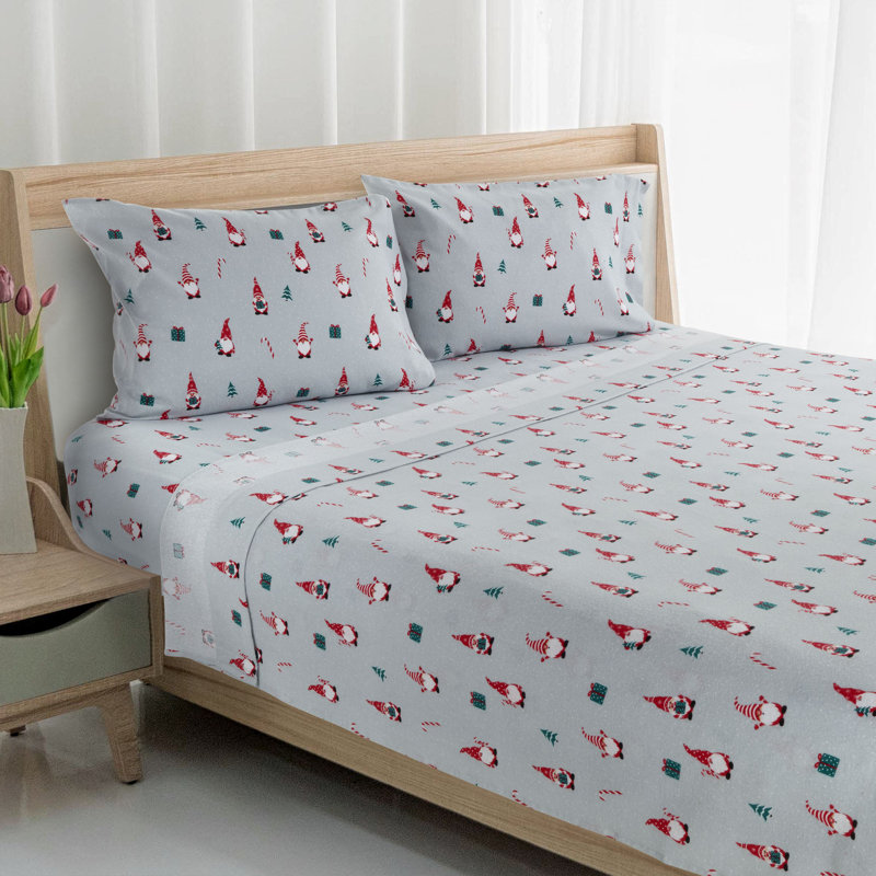 Gray Gnome Print Cotton Flannel Queen Sheet Set