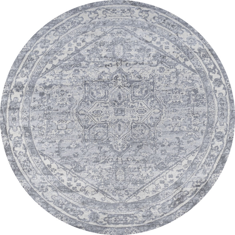 Modern Persian Vintage Medallion Light Gray/Ivory Rug, Round 5'