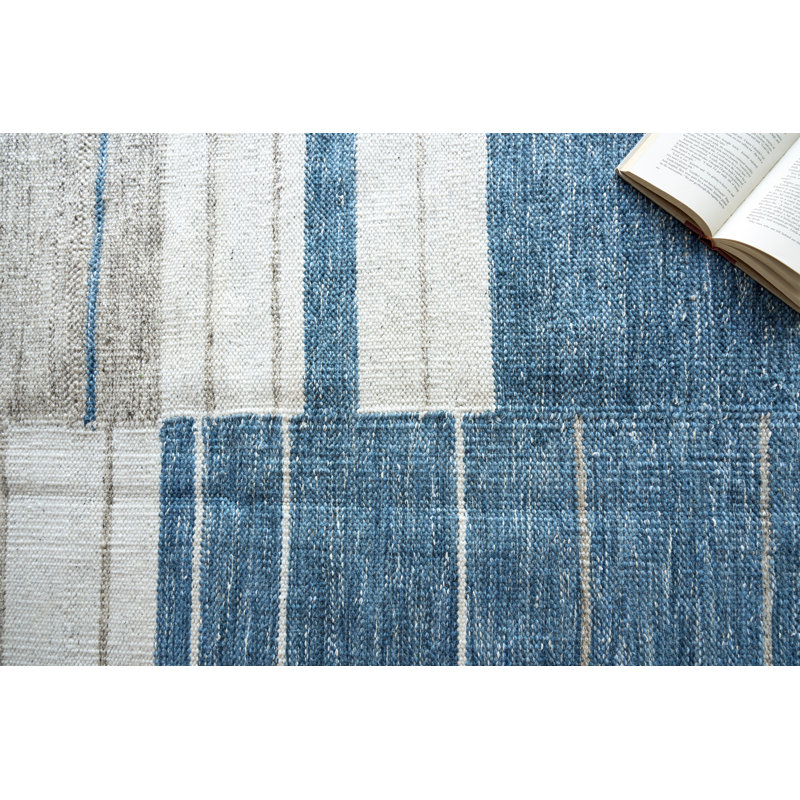 Scandinavian Hand Loomed Geometric Area Rug in Blue/Ivory, Rectangle 8' x 10'
