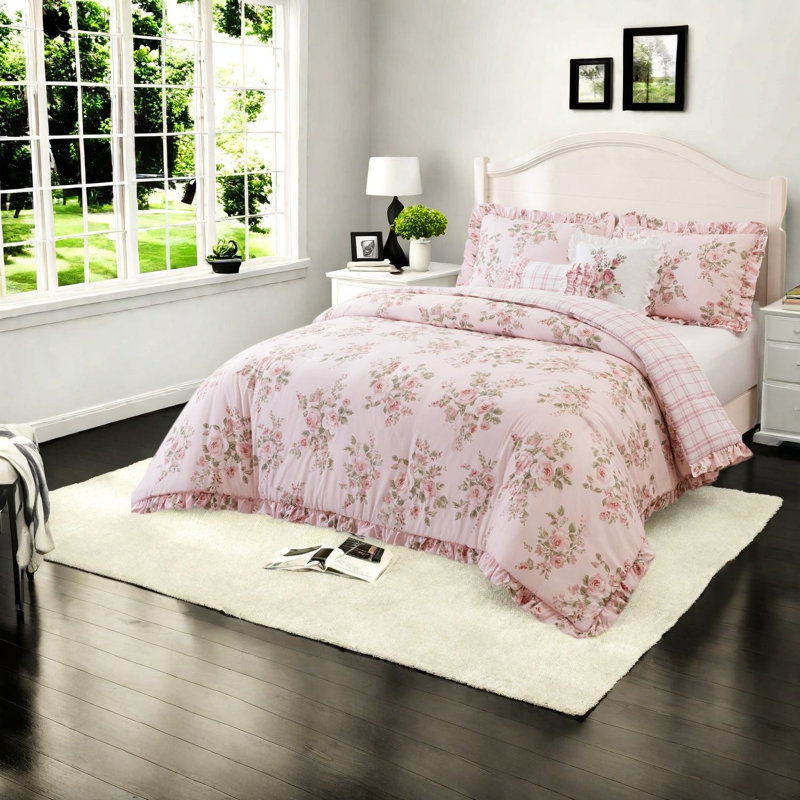 King Bedding Sets, Pink Floral Microfiber Comforter with Ruffled Shams