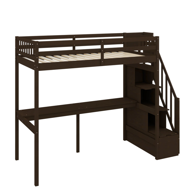 Lit mezzanine simple avec escalier de rangement et bureau intégré pour économiser de l'espace, Espresso