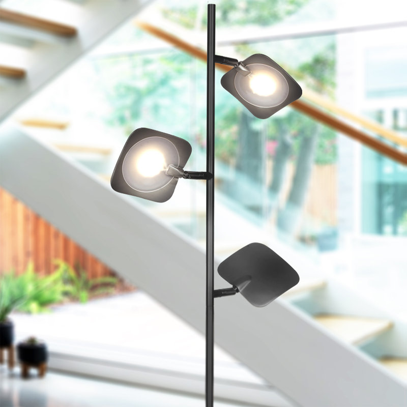 Tree Industrial LED 3-Way Dimming Floor Lamp with 3 Adjustable Spot Lights, Black