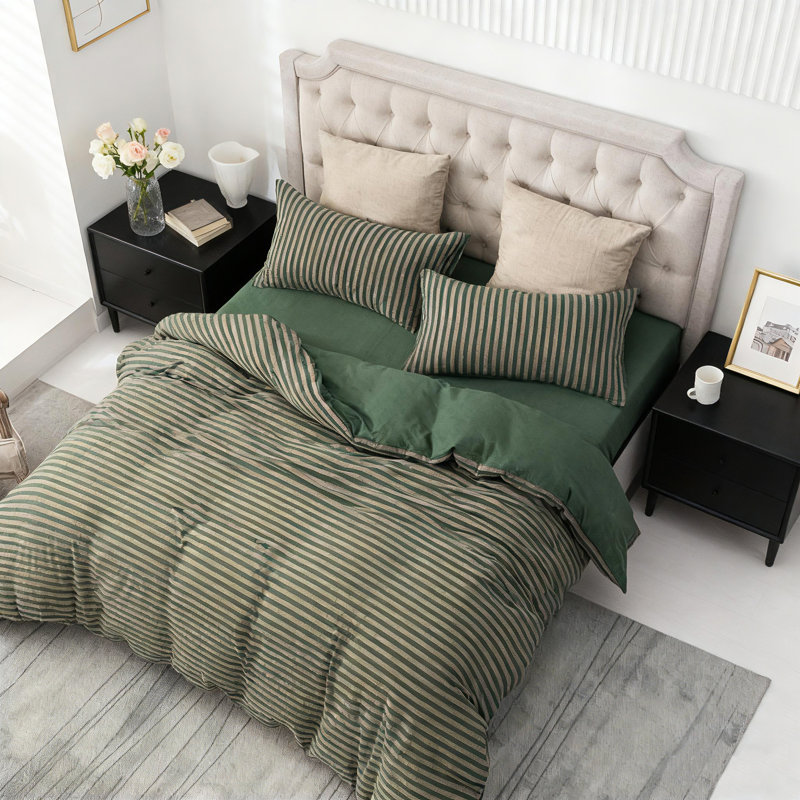 Jersey Cotton Set, Green Striped, Queen Duvet Cover + 2 Standard Shams