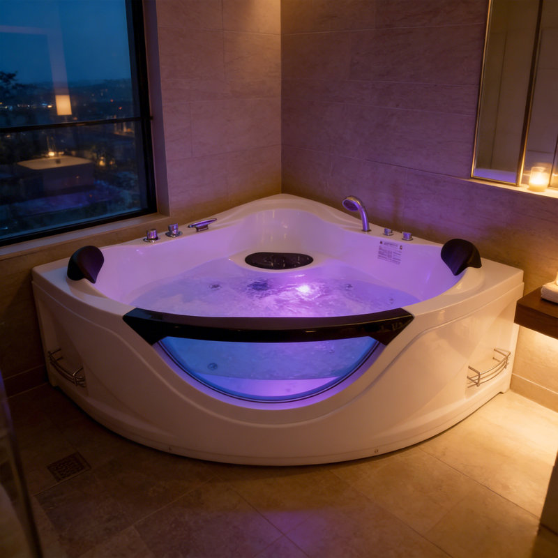 59" Corner Jetted Whirlpool Bathtub for 2 Person with LED Light for Bathroom