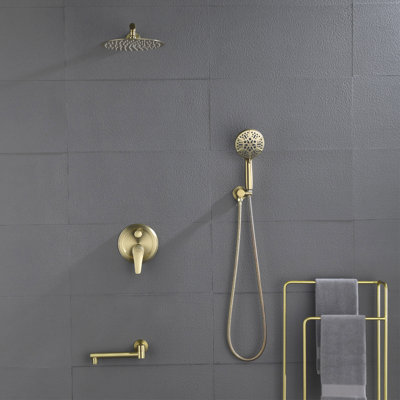 Le système de douche à pluie avec bec de baignoire 3 fonctions de robinet de douche contient une pomme de douche de 10 pouces et un ensemble de garniture de douche à main, cartouche de valve incluse