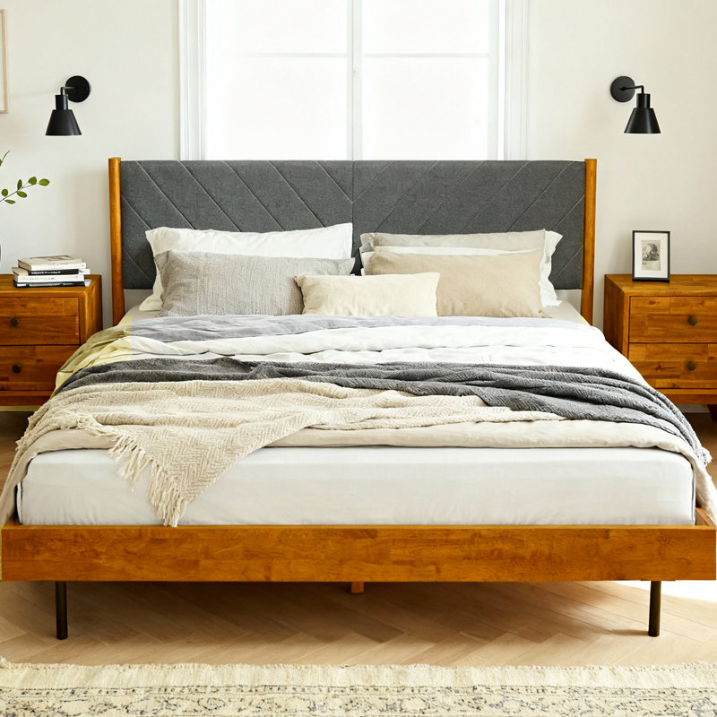 Lit plateforme en bois massif de qualité supérieure avec tête de lit rembourrée Acacia Astoria, Caramel, King