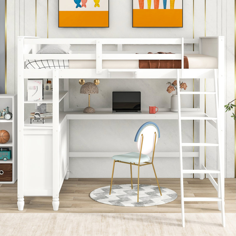 Lit mezzanine double avec bureau et tiroirs de rangement - Faites de votre chambre à coucher un espace fonctionnel élégant Contrôle de la qualité en bois de pin massif