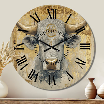 Horloge murale ronde en métal Taureau doré