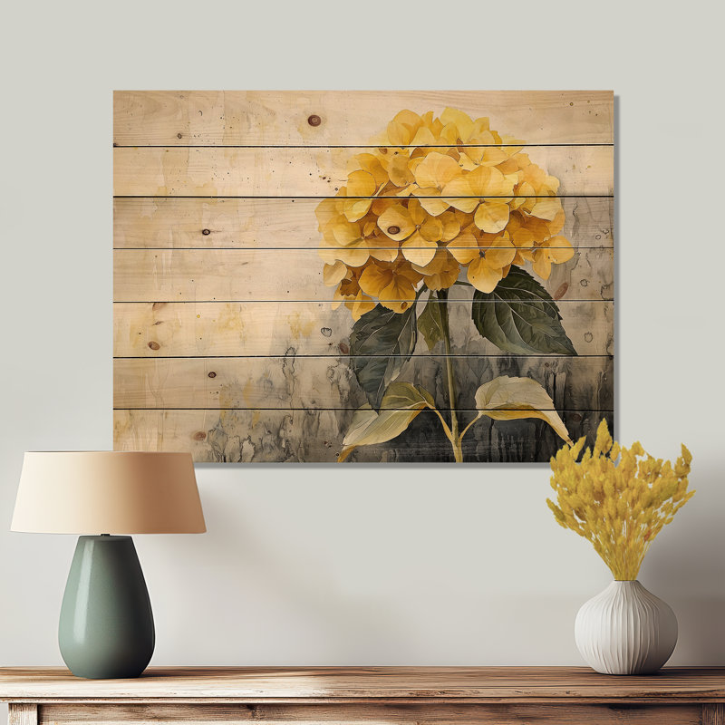 Hydrangées jaunes - foyer III - décoration murale en bois d'hortensias - sur bois de pin naturel, H 30 po x l 40 po