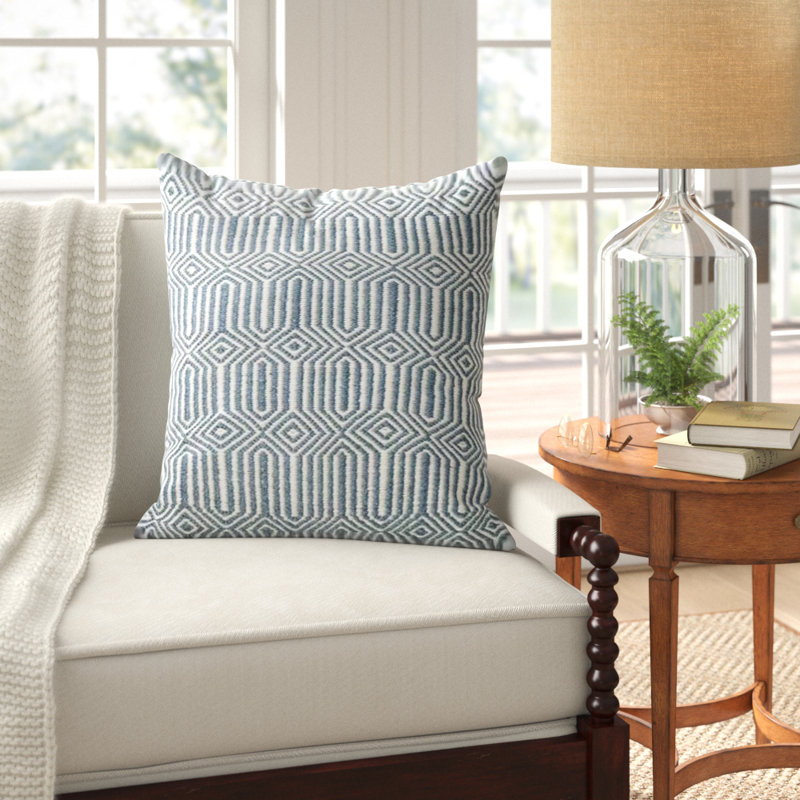 Blue and Ivory Geometric Pattern Square Throw Pillow