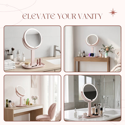 Makeup Mirror with Lights, 1X/10X Double Sided Magnifying Mirror with Lights for Vanity Makeup Height Adjustable with Phone Holder Tray, Rechargeable