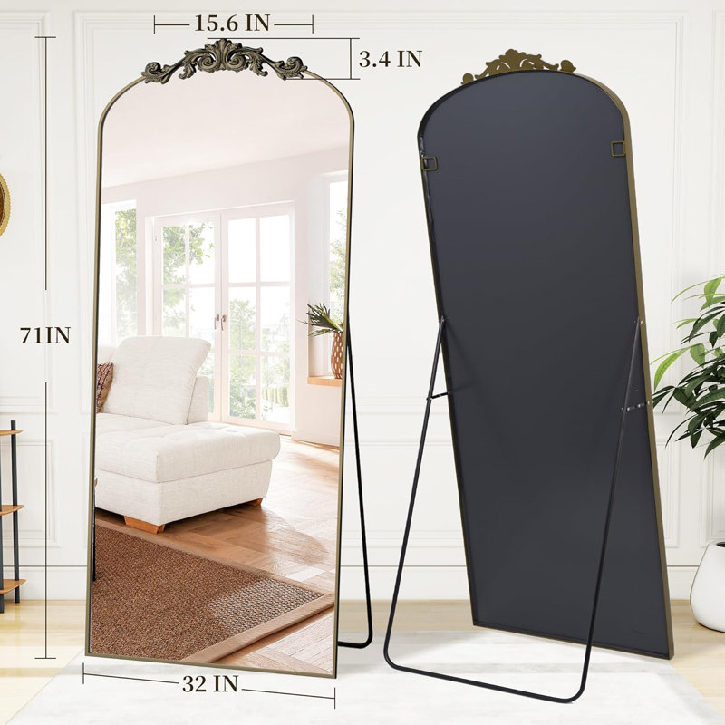 Arched Full Length Mirror, 71"x32" Full Body Mirror Freestanding with Carved Metal Frame, Large Floor Mirrors for HomeDecor, Standing Mirrors for Bedroom&Dressing Room, Bronze