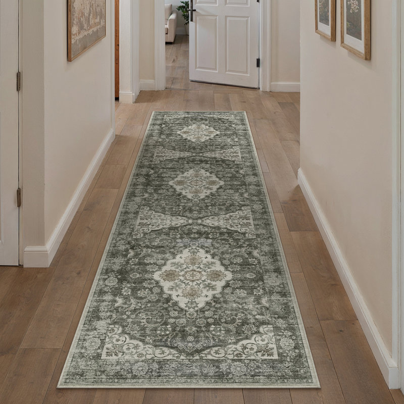 Elora Vintage Medallion Machine Washable Area Rug With Non-Slip Backing in Brown, Runner 2' x 8', Brown