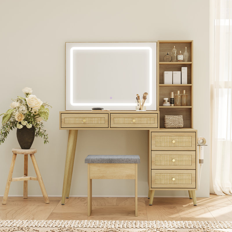 Boho Natural Rattan 43.3'' Wide Vanity With Led Mirror And Stool, Brown