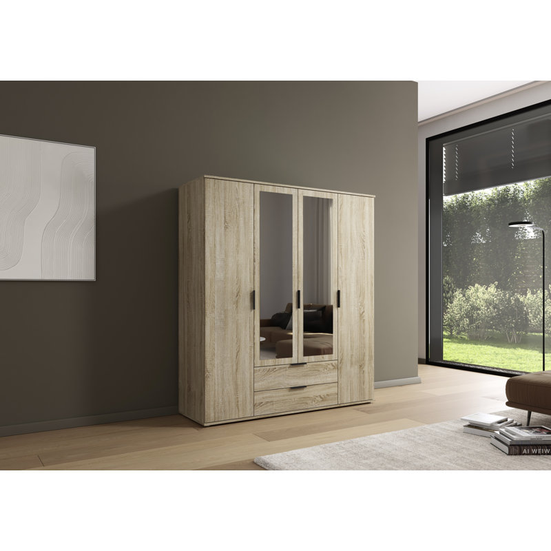Hinged door wardrobe ESSEA in a simple design, modern handle, 188cm H x 127cm W x 52cm D, Sonama Oak