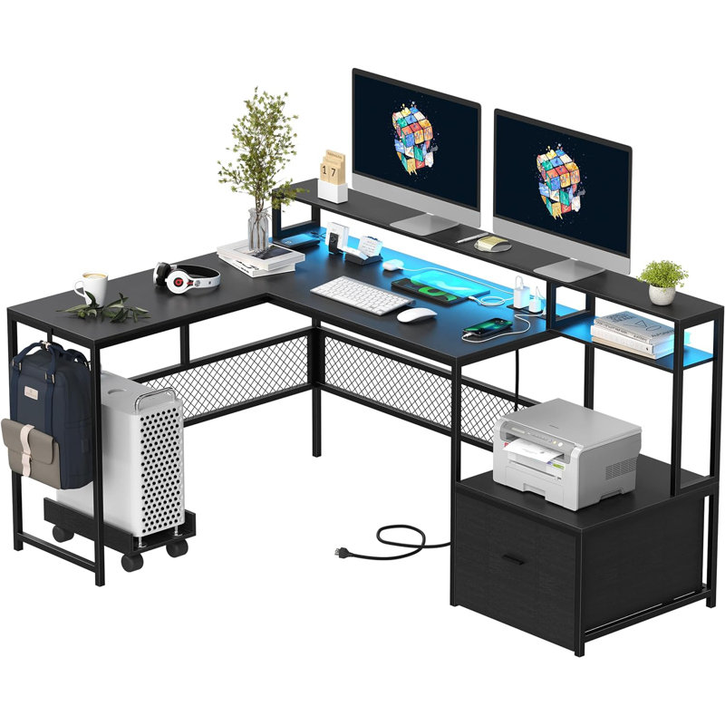 Mehalek L-Shaped Computer Desk with Power Outlet, Black