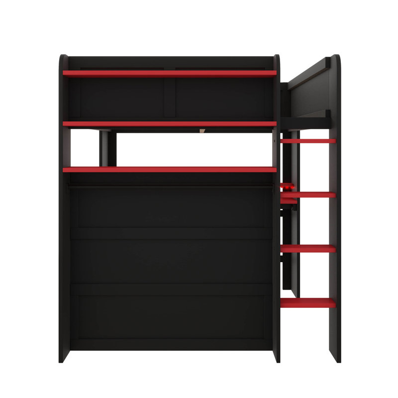 Lit superposé double avec bureau à hauteur réglable, avec garde-robe et éclairage RVB, Rouge