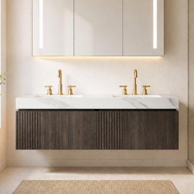 Meuble-lavabo double 60 po avec dessus en pierre frittée et lavabos en céramique, finition grain de bois espresso 60 po