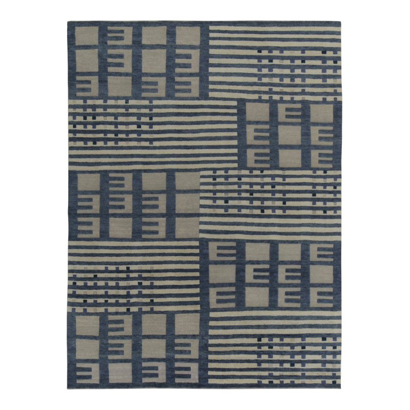 Rug & Kilim’S Swedish Rug In Blue & Grey High-Low Geometric Patterns, Rectangle 9' x 12'