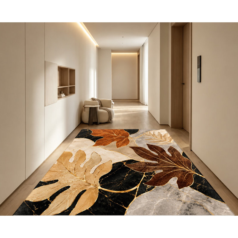 Tapis en velours doré antidérapant à grandes feuilles Golden Outline, Rectangle 6 pi 7 po x 4 pi 7 po (200 x 140 cm)