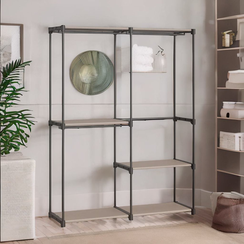Anghel Industrial Rustic Open Wardrobe Garment Rail With Storage Shelves