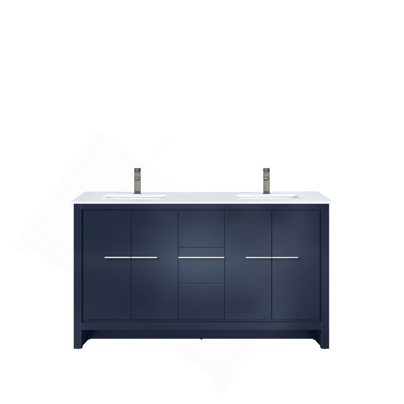 Ensemble de meuble-lavabo double 60 po X P 20 po D, dessus en quartz blanc et robinet en métal