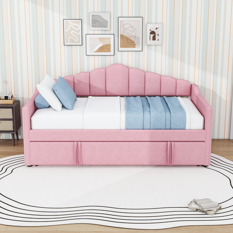 Twin Upholstered Daybed with Trundle, Side Pockets and USB, Pink