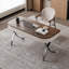 Bureau avec plateau en placage de noyer, revêtement en similicuir et pieds en métal en forme de X-1674871722