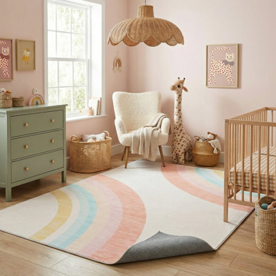 Tapis à motif arc-en-ciel rose / crème pour enfant 8 pi x 11 pi (7 pi 7 po x 10 pi 10 po) Branch Marlow