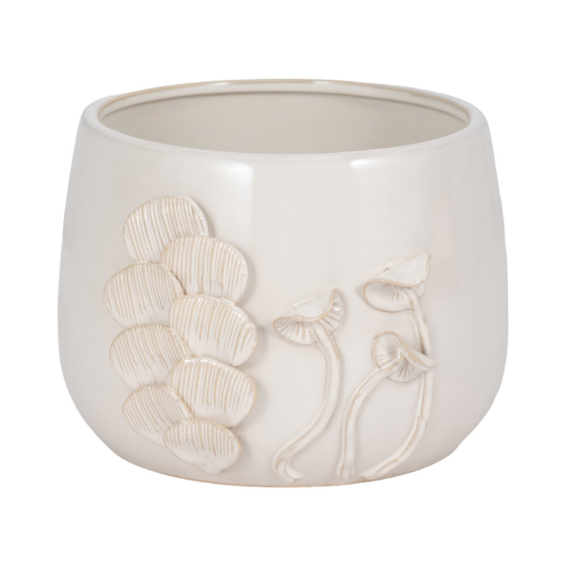 Stoneware Ceramic Planter with Textured Botanical Design., 9" H x 8" W x 7" D