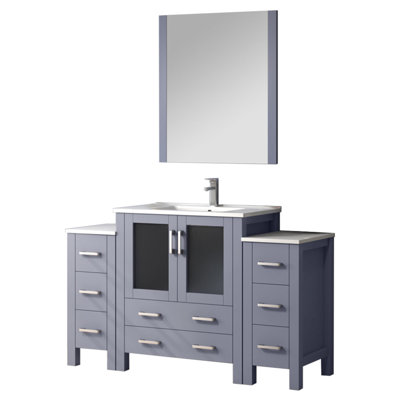 54 In. Long Single Dark Grey Bathroom Vanity With Side Cabinets For Enhancing, White Ceramic Top, Faucet , And 28 Butterfly - Shaped Mirror, Scratch Surface Width Drawer Cabinets, Faucet, Curved